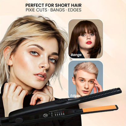 Mini Hair Straightener 2-in-1 Flat Iron Curler - Ultra Thin Portable Wet Dry Straightening Curling Iron for Short Hair, Beard & Travel Styling