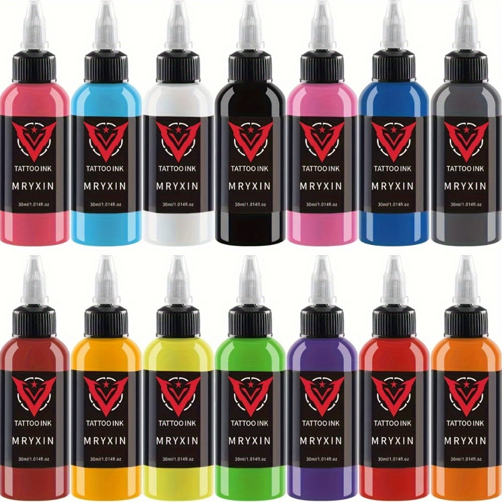 Tattoo Ink Set 14 Colors — Premium Long-Lasting Fragrance-Free Body Art Inks, 1oz Each Bottle, Safe for Skin, Vibrant Color Pigments for Artists & Beginners