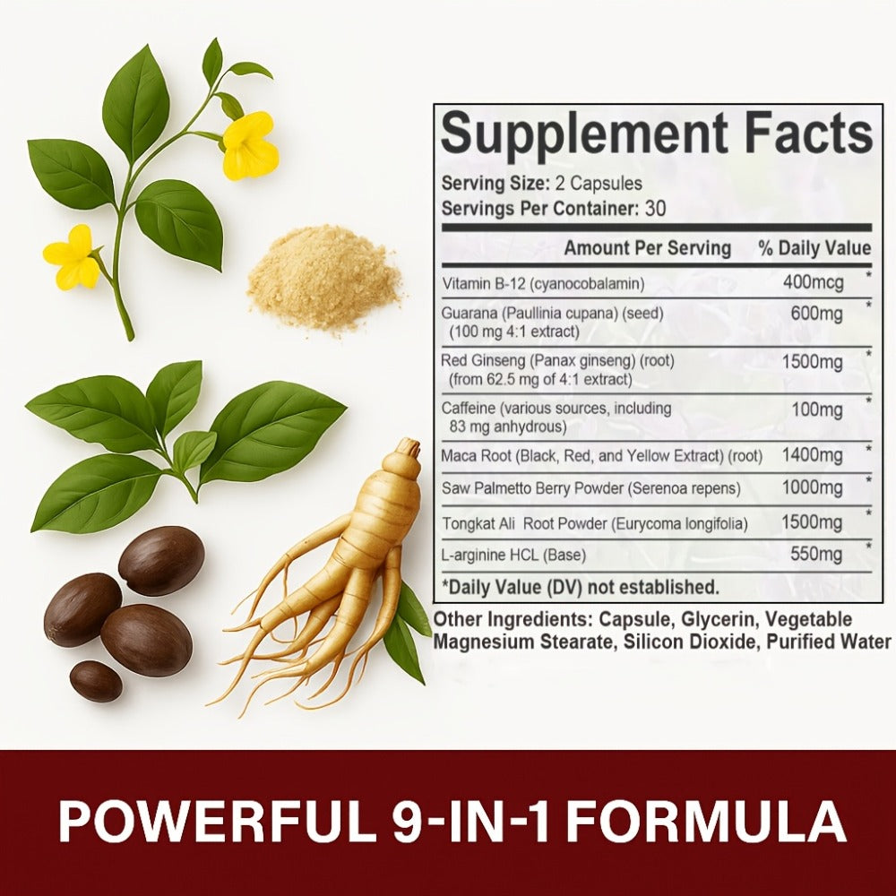 [Extreme Energy Capsules] Extreme Energy Capsules - 9050mg Supplement with Red Ginseng, Maca & Saw Palmetto - Everyday Energy Support for Men & Women - 60 Softgels