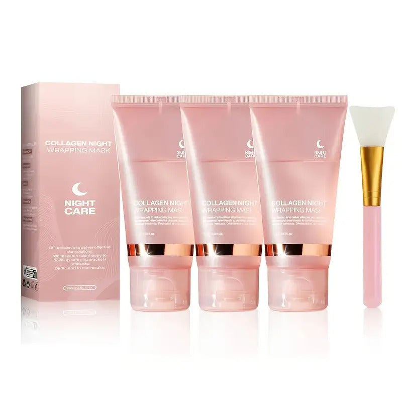 3pcs Collagen Night Wrap Mask with Jelly Brush, Alcohol-Free And Gentle, Deeply Moisturizing And Nourishing, Suitable for All Skin Types, Glossy, 2.54 Oz*2, Valentine'S Day Gift, Essential for