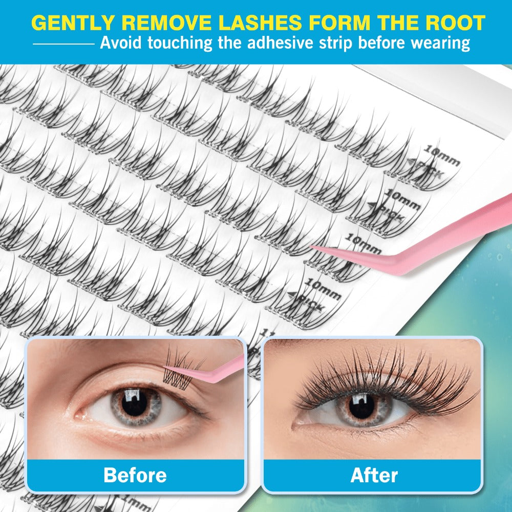 Self Adhesive Lash Clusters No Glue Needed, Lightweight Lashes Clusters Kit, Pre Glued Wispy Cluster Lashes Natural Volume Press On Lashes with 2 Tweezers, Reusable Eyelashes, Beginner Friendly Casual Attire Lashes Fluffy Individual Cluster Eyelashes