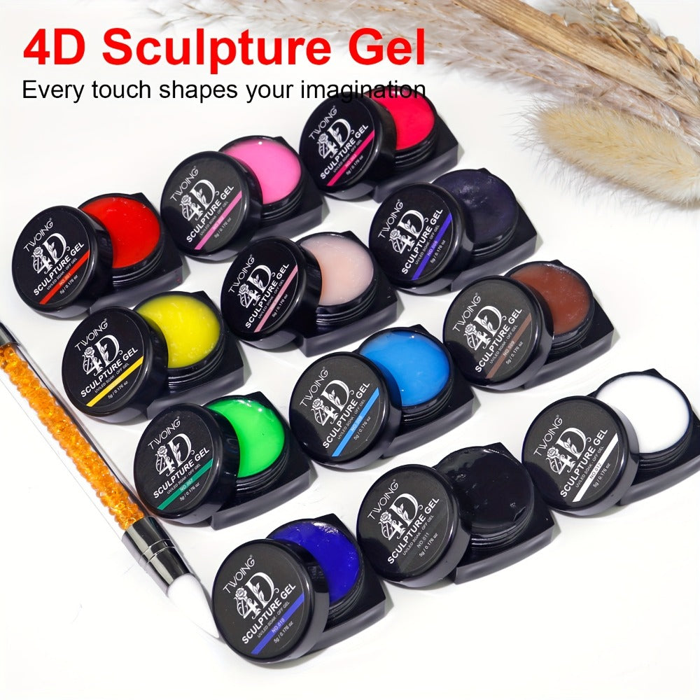 3D 4D Sculpture Gel Nail Art Kit 12 Colors with Carving Pen — Non-Sticky Soak-Off Nail Sculpting Gel Firm Texture for 3D Nail Designs Flowers Leaves Extensions DIY & Salon Manicure