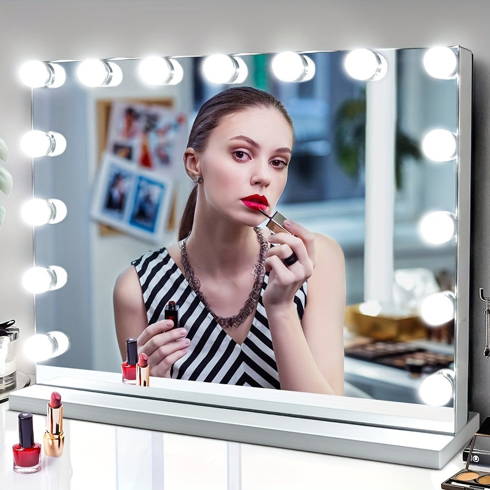 Vanity Makeup Mirror with Lights: Hollywood Mirror with 15LED Bulbs - Large 23"x19" Desk Mirror for Wall, Dimmable 3 Lighting Modes, USB Charger Port, White