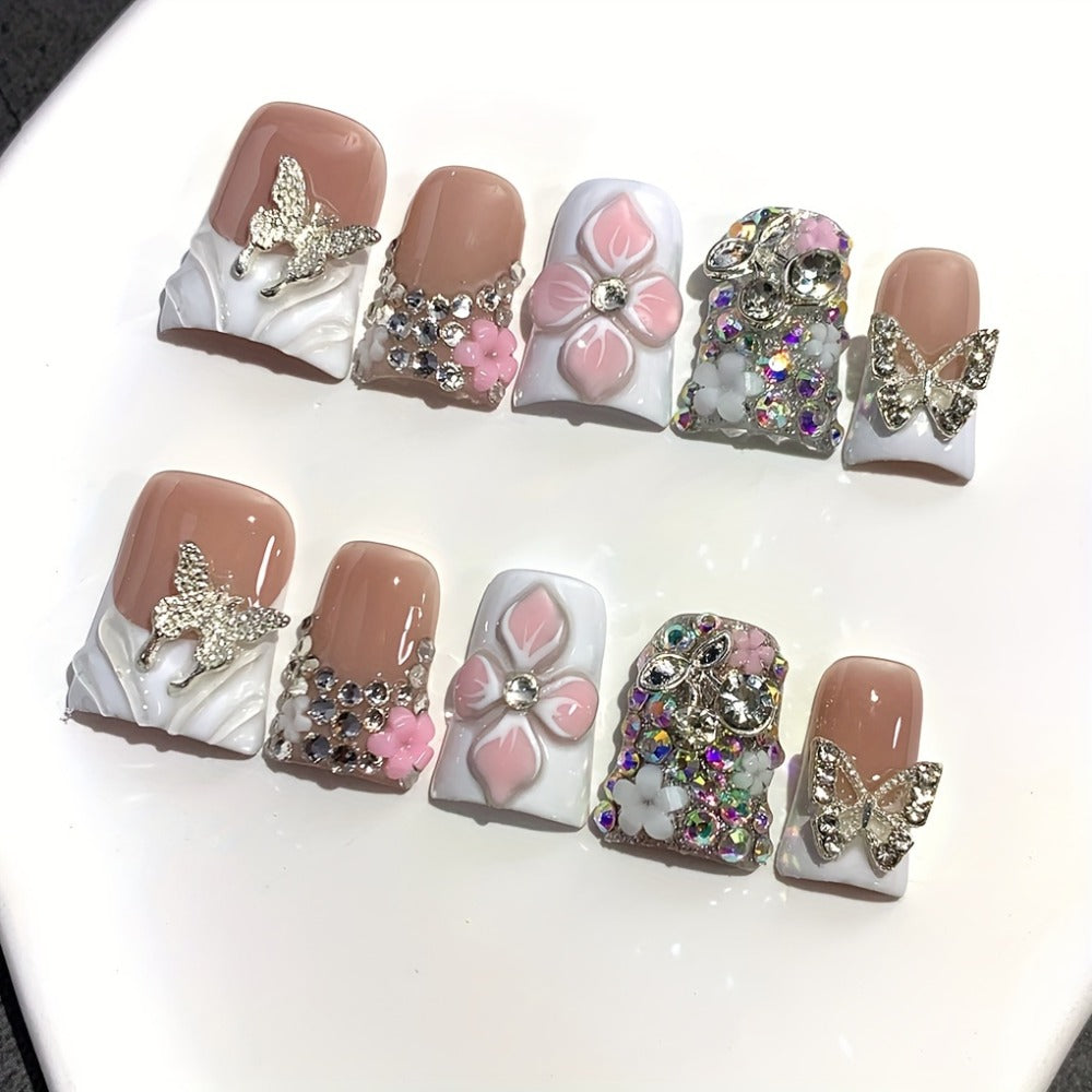 False Nails Short Duckbill White French – Golden Glitter Butterfly & Hand-Carved Flower | Gorgeous Handmade Nail Art for Wedding, Party & Daily Wear, 10pcs S/M/L
