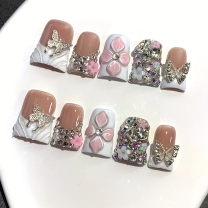 False Nails Short Duckbill White French – Golden Glitter Butterfly & Hand-Carved Flower | Gorgeous Handmade Nail Art for Wedding, Party & Daily Wear, 10pcs S/M/L