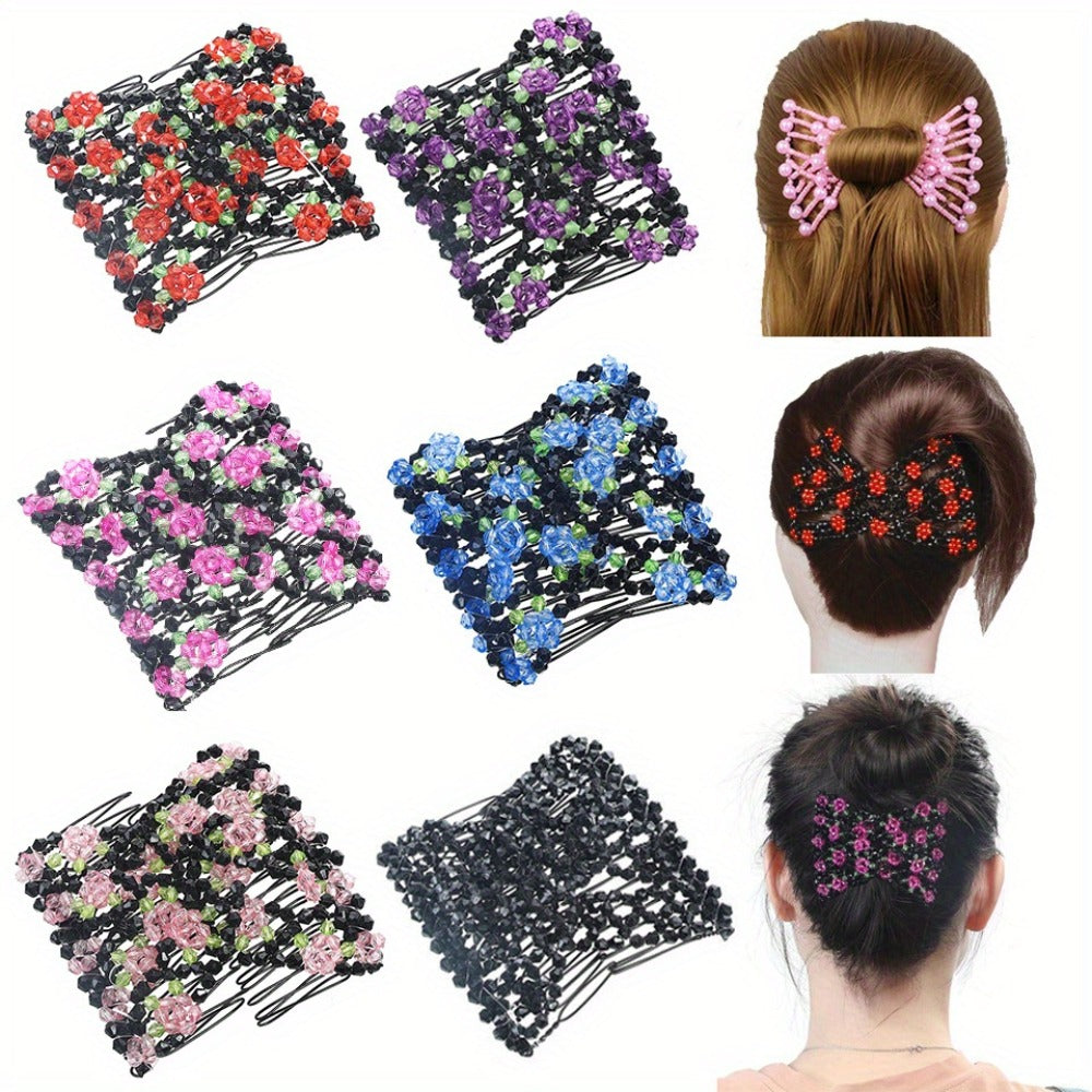 6pcs Multi Piece Set with Versatile Magic, Durable Imitation Flower Beaded Hair Accessories, Hair Combs And Hairpins, Multi Functional Ball Head Disc Hair Device, Elegant Versatile Double Row Comb Set, Suitable for Daily Life