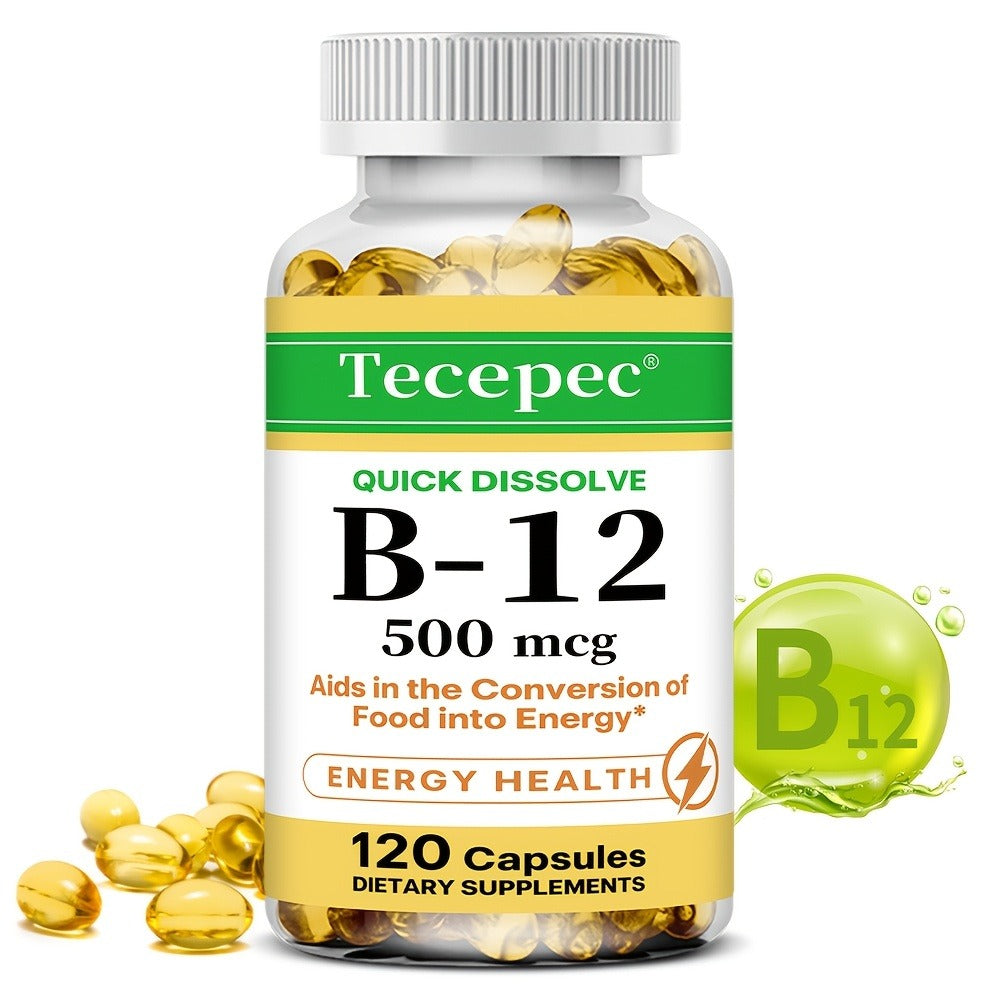 Vitamin B12 Dietary Supplement - 500 Mcg Per Serving, Premium Formula - Supports Nervous System And Cardiovascular Health - Supports Nutrient Absorption And Daily Vitality - Suitable For Men And Women - 120 Capsules