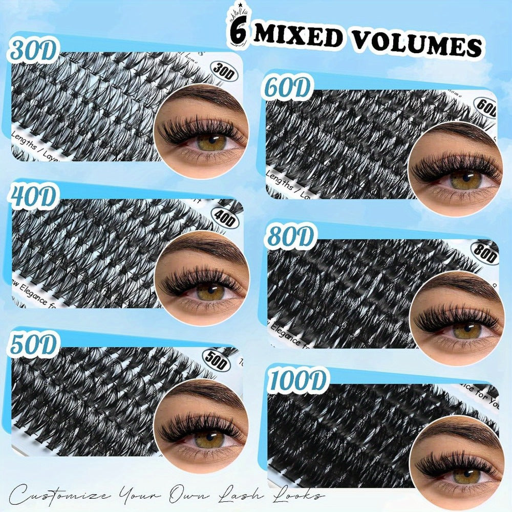 720pcs, 30D-100D Eyelash Extension Kit with Glue & Tweezers - 6 Styles/ Lengths, Lightweight Long-Lasting Cluster Lashes, No Irritation, 100% Handmade for Natural/ Volume Look