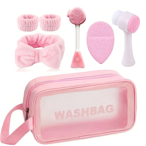 Facial Cleansing Set 7pcs — Deep Cleansing Spa Mask Brush Kit with Velvet Headband, Scrub Brush, Detailing Brush & Wash Bag, Portable Skincare Tool for Women