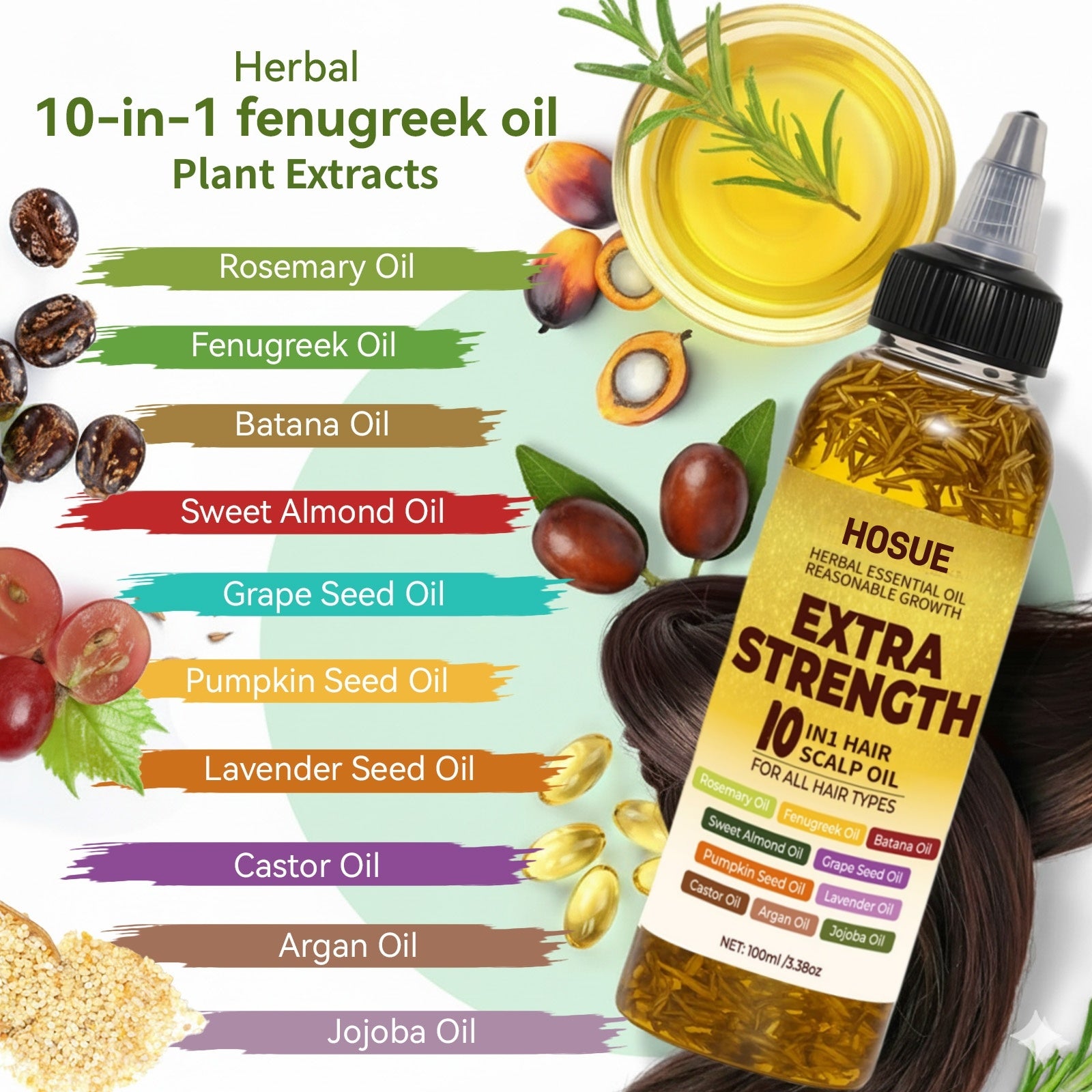 3.38oz Botanical Hair Oil, 10-In-1 Herbal Hair Essential Oils, Contains Batana Oil, Rosemary, Fenugreek, Pumpkin Seed Oil, for All Damaged Hair And Scalp Types, Multi-Effect Nourishment, Enhance Shine & Strengthen Hair | Father'S Day Gift