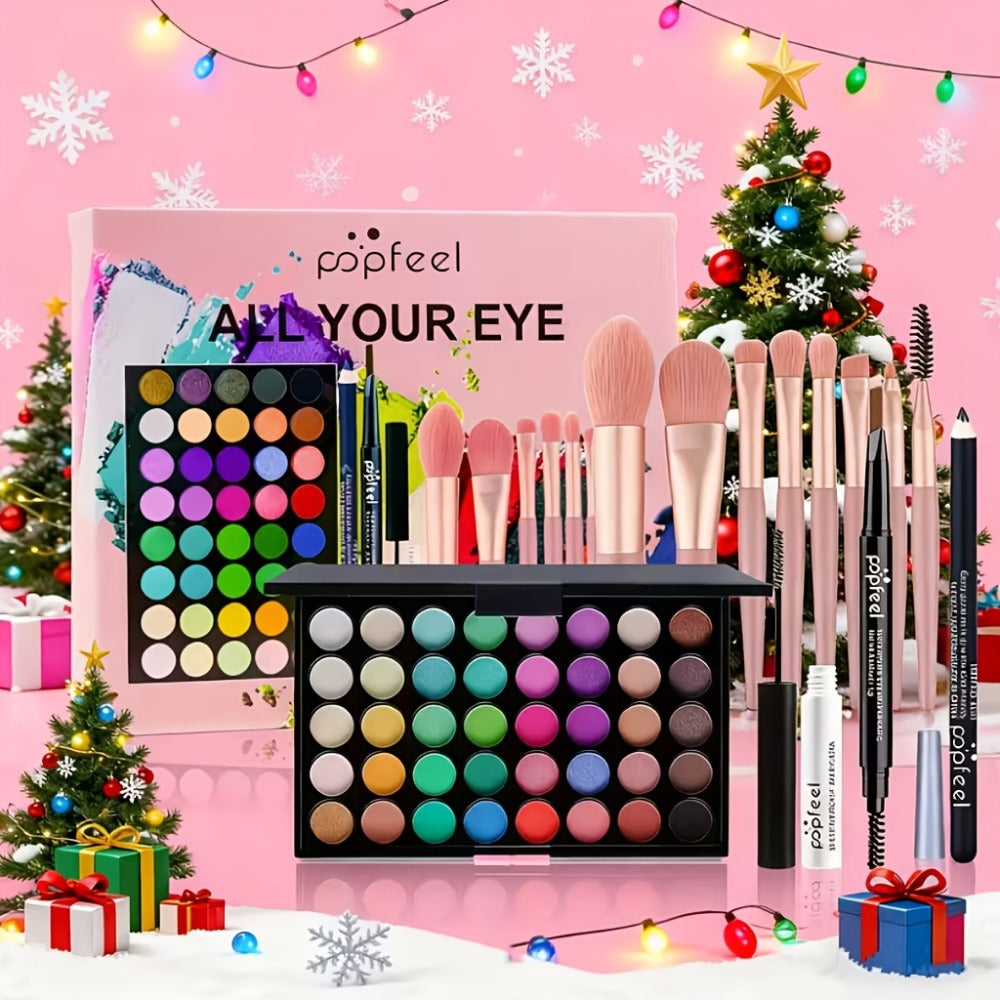 Full Makeup Gift Set — Complete Kit with Eyeshadow Palette Mascara Eyebrow Pencil Highlighter Powder & Brushes | Berry Tones | All Skin Types