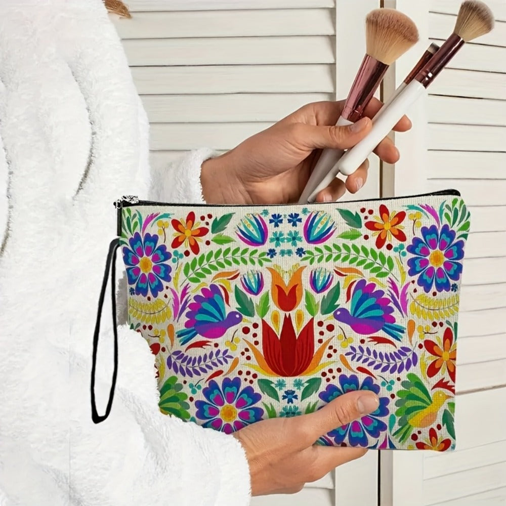 4pcs Vibrant Mexican Botanical Floral Makeup Bags for Women & Men - Large Capacity High Quality Cosmetic Organizers with Durable Zipper, Travel Toiletry Pouches for Vacation, Business, Outdoor - Perfect Birthday & Mother’s Day Gifts