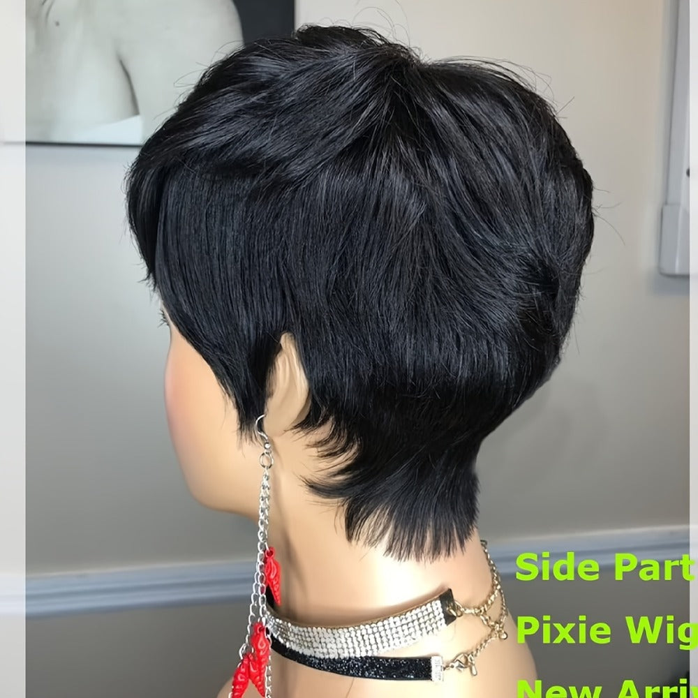 Short Pixie Cut Wig with Bangs Black & Blonde — Layered Style, Brown Blonde Mix, Rose Net Cap, Synthetic Wig for Black Women, 4 Inch Daily Wear