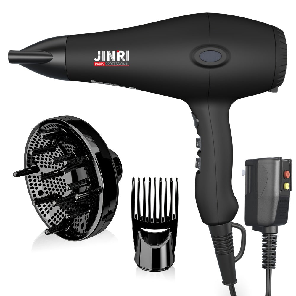 JINRI Professional Salon Ionic Hair Dryer with Diffuser & Concentrator Attachments, Ideal for Curly Hair - Black, 1875W, Non-Folding Handle, 1. 196.85inch-118.11inch Adjustable Cord, US Plug