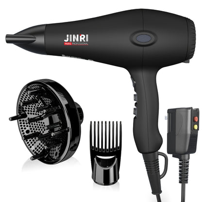 Professional Ionic Hair Dryer 1875W with Diffuser & Concentrator Attachments — Salon-Quality Blow Dryer for Curly Hair, Adjustable Cord, US Plug, Black