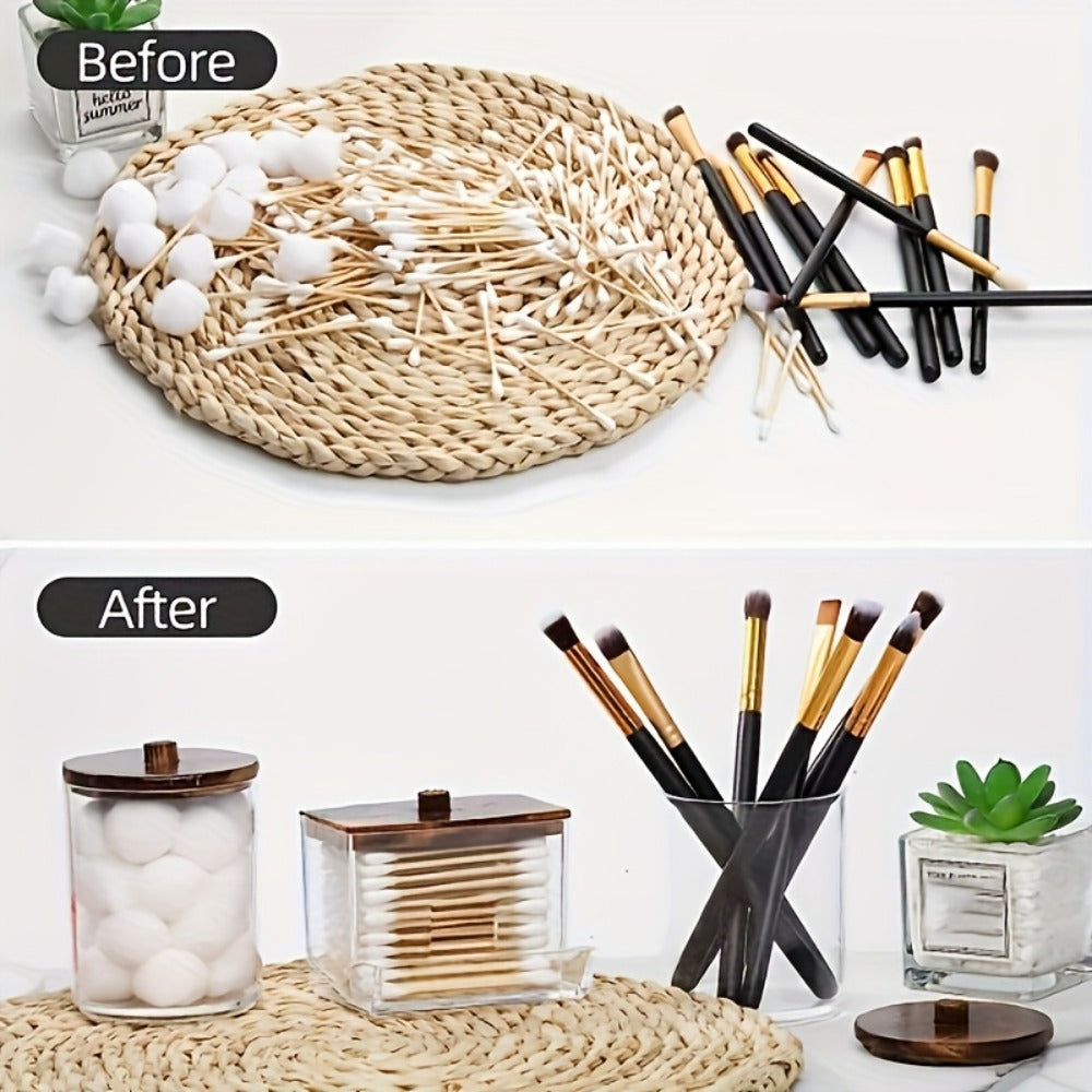 Glass Storage Jars with Bamboo Lids – 6-Piece Set (3 Jars + 3 Lids) Sealed Dustproof Containers for Cosmetics, Cotton Swabs, Food & Vanity Organization – Airtight Gift Set