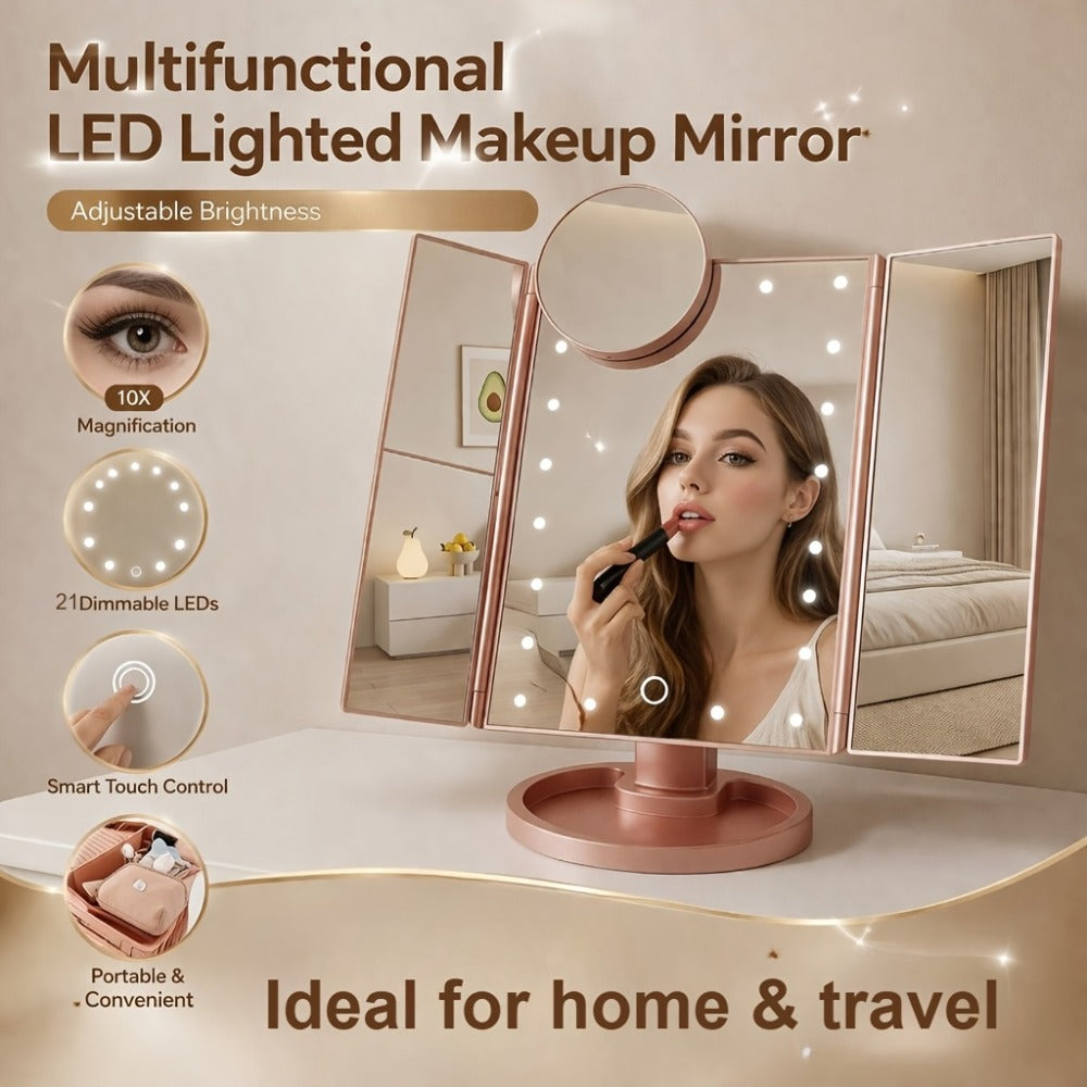 Vanity Mirror with Lights Tri-Fold 21 LED Lighted Makeup Mirror - Touch Control 1X 2X 3X 10X Magnification 360° Rotation Dual Power Trifold Tabletop Mirror