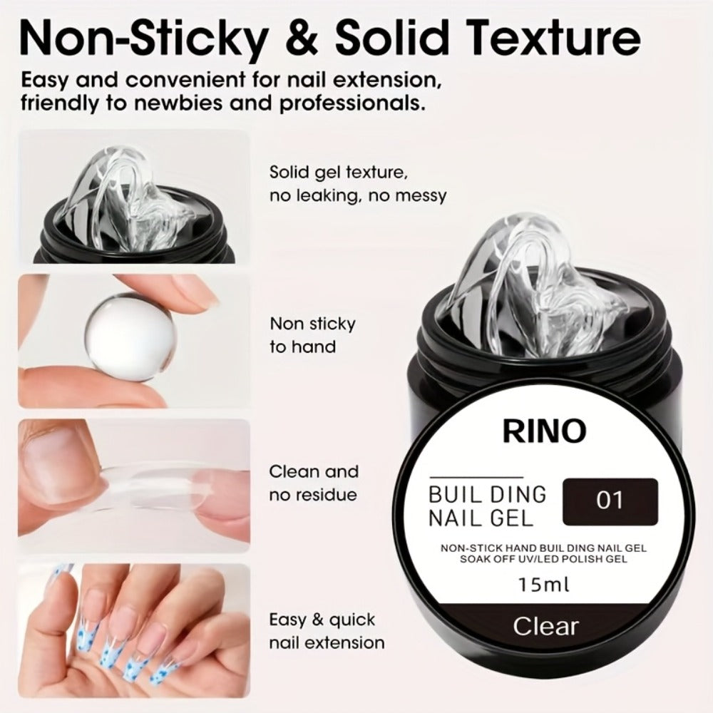 RINO 5pcs/Set Solid Gel Builder for Nails Starter Kit Clear Nude Nail Extension 3D Gel Nail Art Nail Glue for Acrylic Nails Rhinestone Gel Sculpture Molding Gel Hard Gel with Flower Molds Sculpting Brush