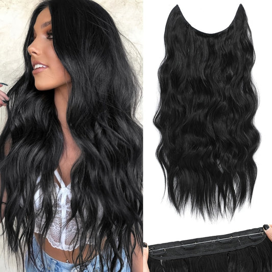 [Invisible Wire Hair Extensions] 22 Inch Invisible Wire Hair Extensions | Fish Line Hair Extensions with Transparent Wire Headband, Adjustable Size, 4 Secure Clips, Long Wavy Hairpiece for Women, Natural Long Wavy Clips Ins Hair Extensions for Thin Hair,