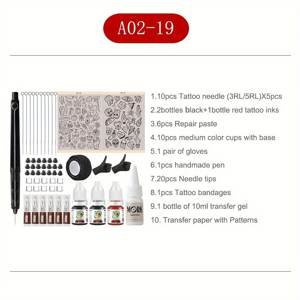 Tattoo Supplies Kit, A4 with Pattern Tattoo Transfer Paper - No Drawing Required, Stylus And Ink Pen for Beginners DIY Tattoos with Needles, Black Red Ink, Transfer Gel No Electricity Required, DIY Tattoo At Home Without Power Supply