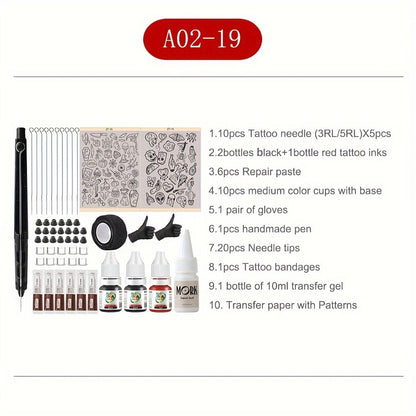 DIY Tattoo Supplies Kit for Beginners - A4 Transfer Paper with Patterns Stylus Ink Pen Needles Black Red Ink Transfer Gel No Electricity No Drawing Required