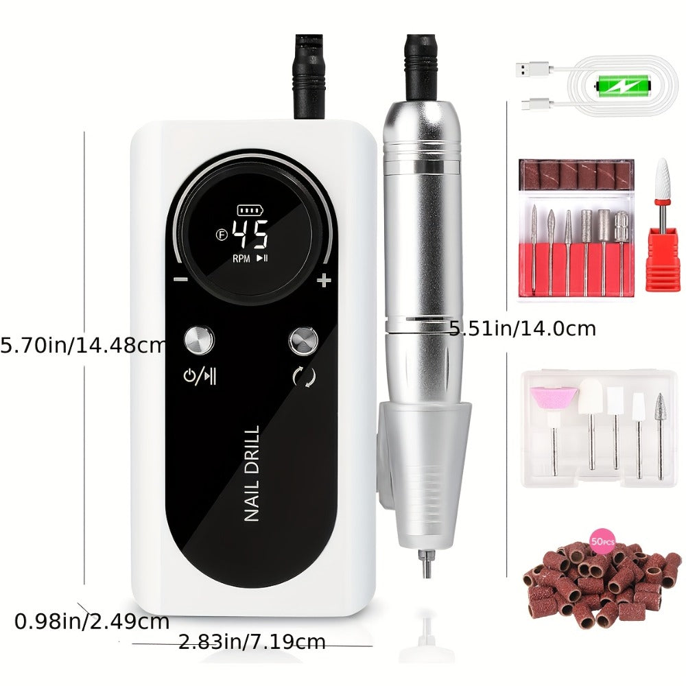 45000RPM Electric Nail Drill Machine with LCD Display Low Noise Rechargeable Manicure Machine for Polishing Gel Nail Polish