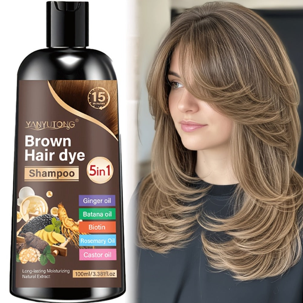 Hair Dye Shampoo 5-in-1 with Ginger Oil Biotin Rosemary Castor Oil | Gentle Gray Coverage Color Shampoo | Quick Coloring for Black Brown Chestnut Brown