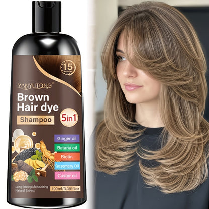 Hair Dye Shampoo 5-in-1 with Ginger Oil Biotin Rosemary Castor Oil | Gentle Gray Coverage Color Shampoo | Quick Coloring for Black Brown Chestnut Brown