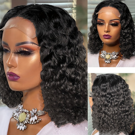 Lace Front Hair Wig Curly Wig Deep Wave Short Bob Wigs Lace Front Hair Wigs for Women Deep Curly Pre Plucked Hair Brazilian Virgin for Daily Decorative Wig Cosplay Prop Black