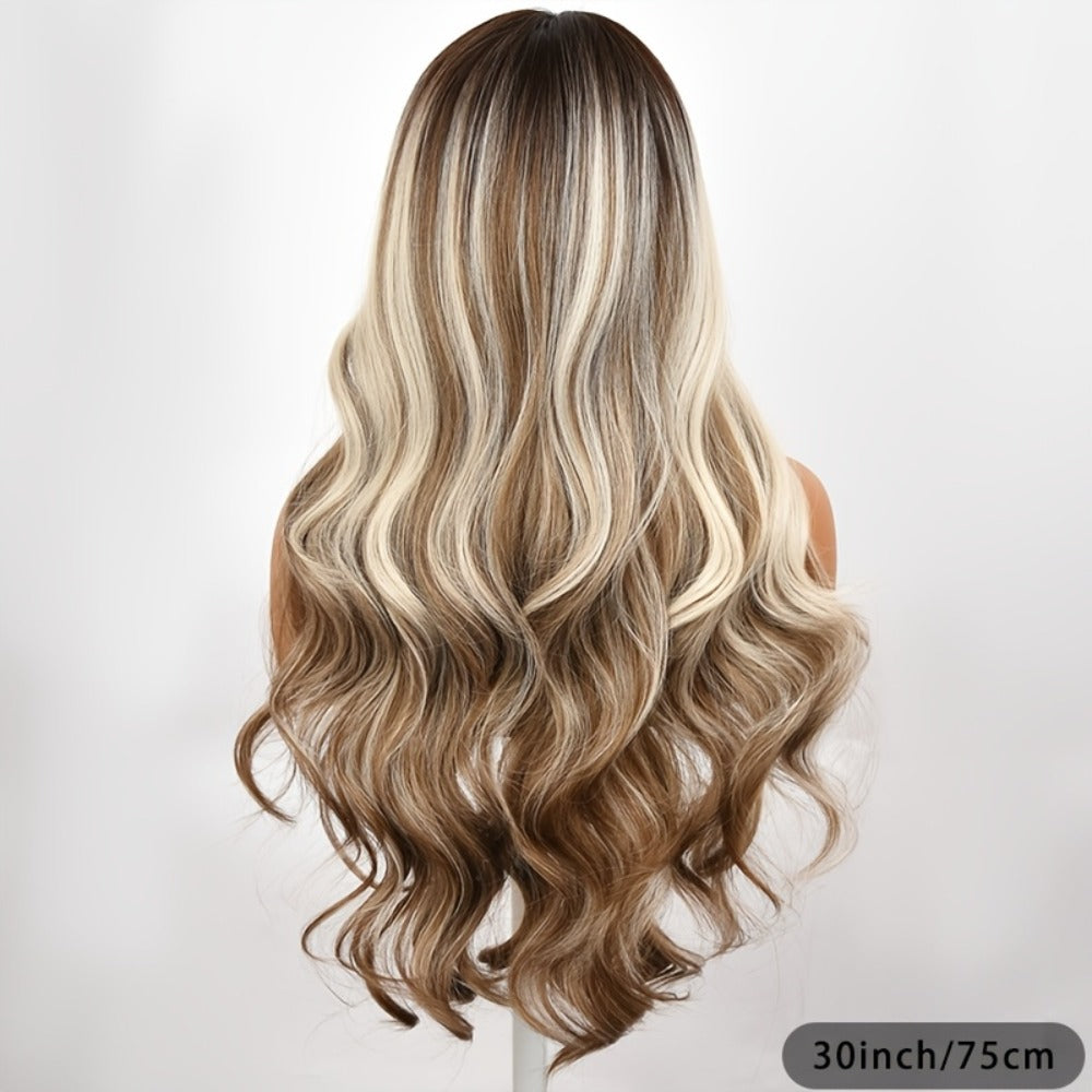 Water Wave Wig Synthetic Long Curly Wig for Women 30 Inch Middle Part Brown Highlights Loose Wave Rose Net Cap Beginner Friendly Natural Look Daily Wear