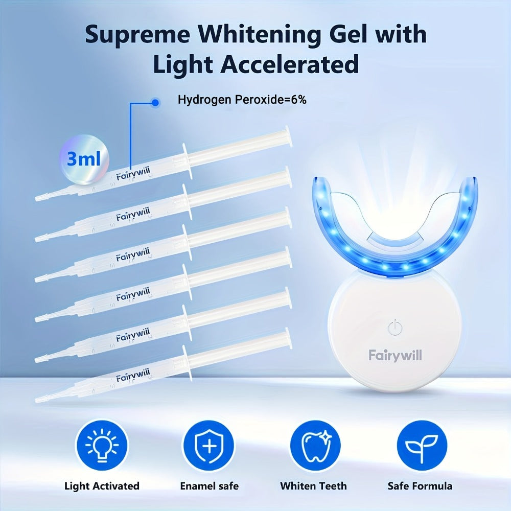 Fairywill 6 X 0.1oz Carbamide Peroxide Gel LED Teeth Whitening Kit, Fast And Gentle Teeth Whitening with Tray Case for Sensitive Teeth, Easy to Use