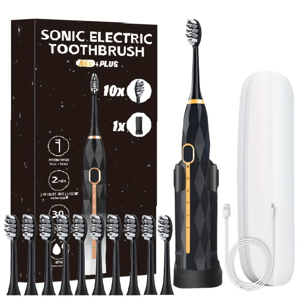 Sonic Electric Toothbrush That Is with an IPX8 Rating, Includes 8 Replacement Brush Heads, a Travel Case, And USB Charging. It Features a Metal Shaft Suitable for Both Adult Males And Females, Comes with a Toothbrush Holder