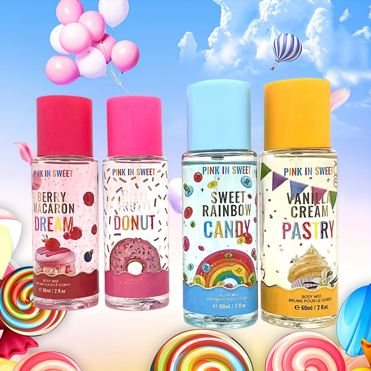 4pcs Gift Set - Women Body And Hair Spray 2Fl.Oz Each - Sweet Fragrance Perfume Spray Long Lasting Fresh Scent Fragrance Date Party And Gift