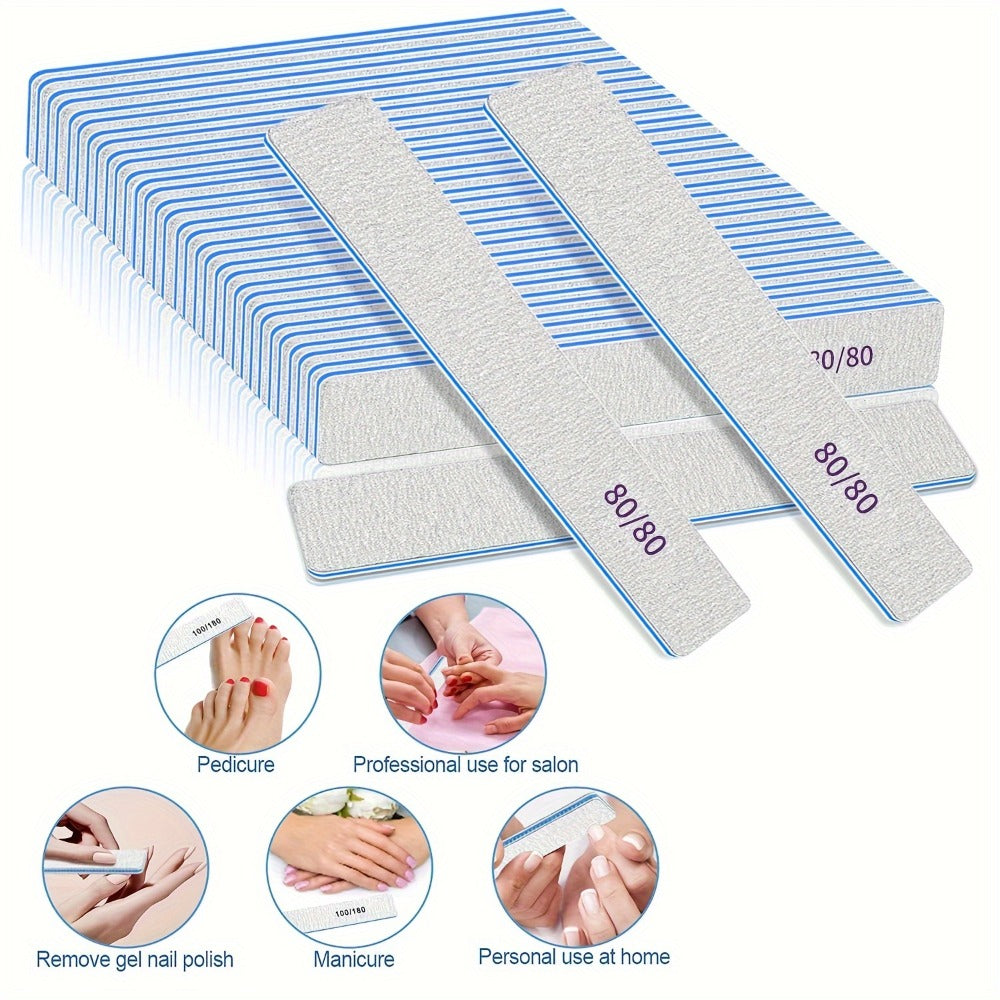 50pcs 100/100 (80/80, 100/180 Optional) Grit Nail Files Acrylic Nails Emery Boards File Professional Nail Art Tools For Home, Salon, Strong, Double Sided