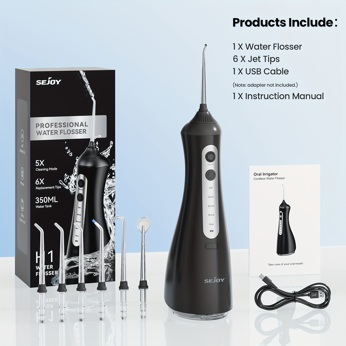 Cordless Water Flosser Portable Oral Irrigator 350ml Tank 5 Cleaning Modes One-Touch Operation IPX Waterproof Rechargeable Dental Flosser for Braces Gum Care Travel Home Use