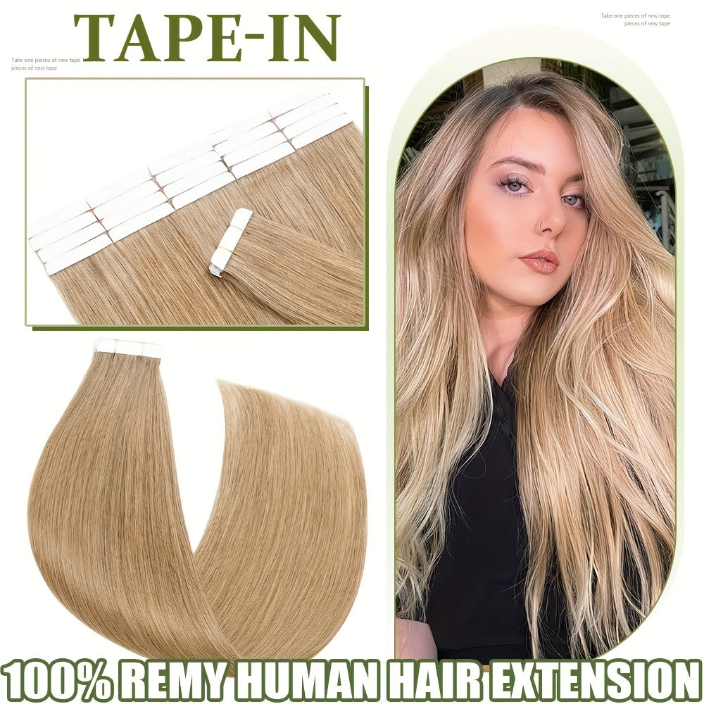 10pcs (10pcs Each) Brazilian Remy Human Hair Tape-In Extensions - Natural Straight Hair 12" 14" 16" 18" 20" 22" 24" Lengths, Invisible Tape-In Weft, 100% for Men &, Blonde/Brown/Blonde Ombre Highlights (Seamless Blending