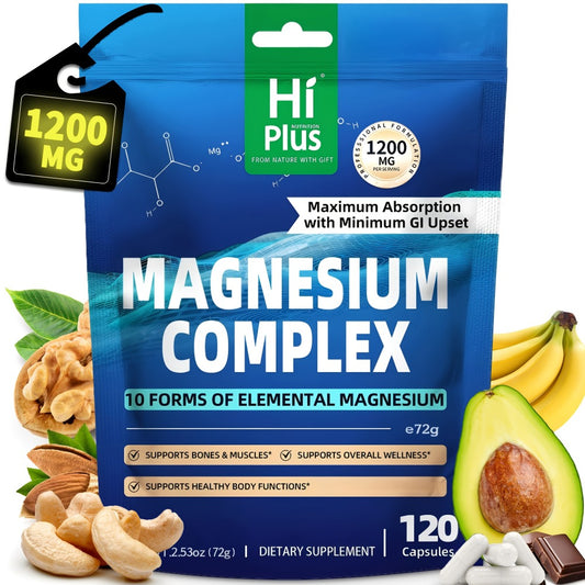 10-in-1 Magnesium Glycinate Complex (1200mg) - Full Spectrum High Absorption Blend - Supports Deep Sleep, Calm - Heart, Bone & Nerve Health - Gentle On Stomach - Vegan Supplement (120 Caps) By HiPlus