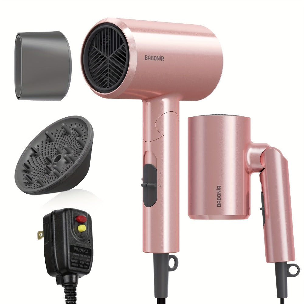 Travel Hair Dryer 1875W Ionic Foldable — Diffuser & Concentrator Nozzle Included, 3 Heat Settings, 2 Speed Levels, Fast Drying Compact Hair Dryer for All Hair Types