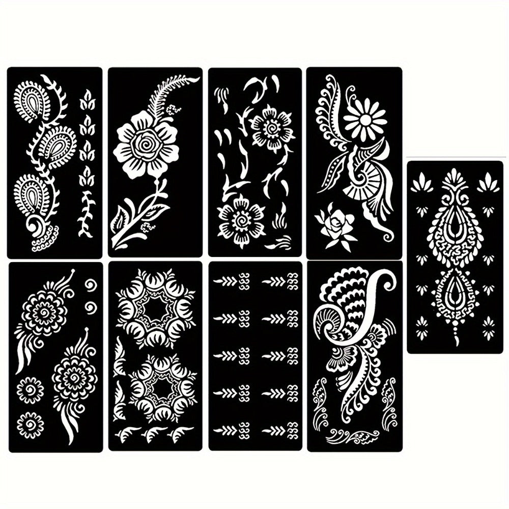 9 Reusable Temporary Tattoo Templates for Arms, Hands, Navels, Legs, Large Flower Tattoo Supplies, Stone Glitter Airbrush Painting Templates for DIY Fake Tattoos for Parties