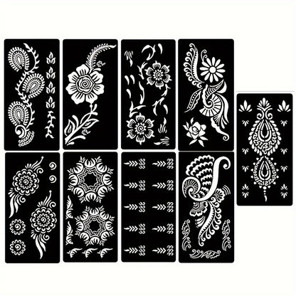Tattoo Stencil Templates Reusable 9 Sheets Large Flower Designs Airbrush Glitter Body Art Stencils Kit for Arms Hands Navel Legs DIY Party Fake Temporary Tattoo Supplies