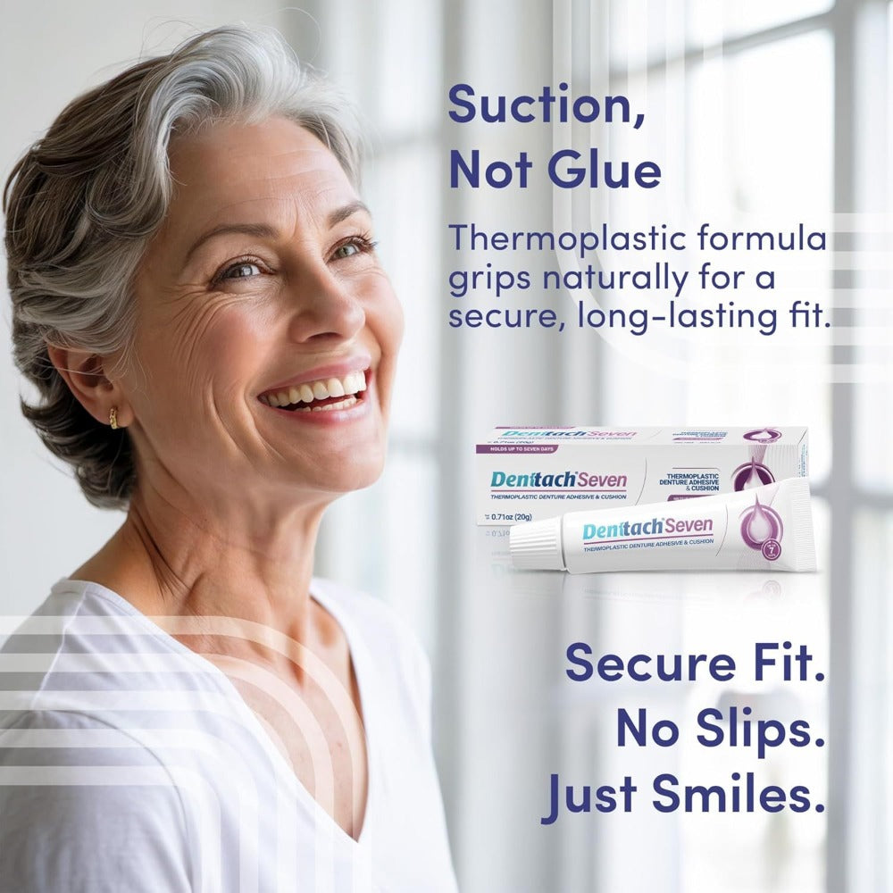 2 Pack Denttach Seven Denture Adhesive, Thermoplastic Non Glue Grip 7 Day Hold Cushion, Cushion Soft Reliner for Upper and Lower Dentures, Comfortable, Secure Grip, Zinc Free .71 oz. each