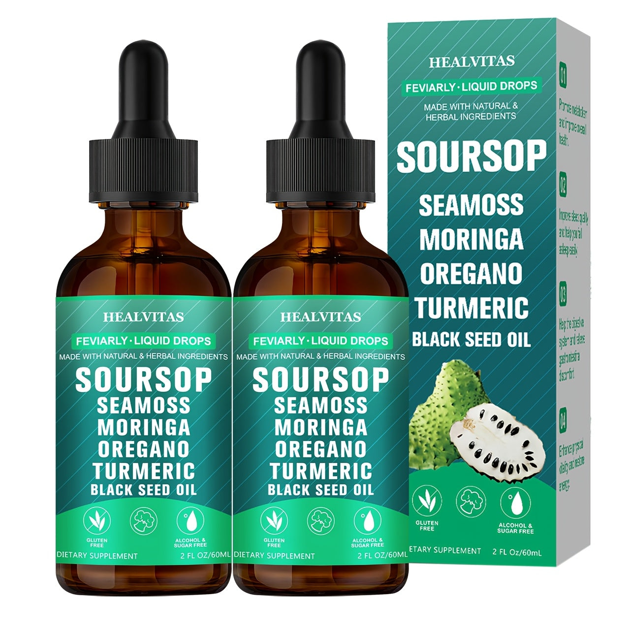 Soursop Bitters Liquid Drops 10-in-1 — with Sea Moss, Ashwagandha, Moringa, Turmeric & Black Seed Oil | Plant-Based Herbal Extract | Sugar-Free | 2.03 fl oz