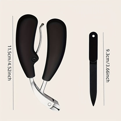 Heavy Duty Nail Clippers for Thick Toenails Seniors — Stainless Steel Concave Blade Large Opening Long Angled Handle, No-Splash Elderly Friendly Precision Toenail Trimmer with Nail File 2pcs