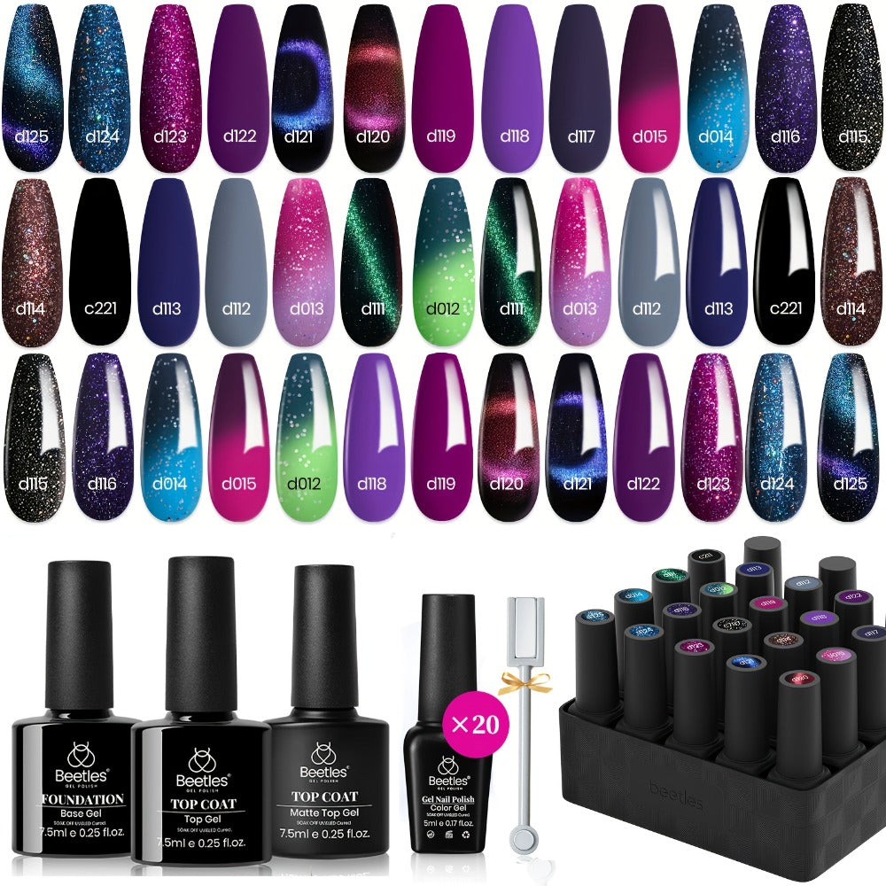 Beetles 24pcs Gel Nail Polish Kits Gift Set, 20 Colors Cat Eye Color Changing Glitter Gel Polish Set with Base Gel Glossy Matte Top Coat, Soak Off Nail Gel Holiday DIY Nail Art Salon