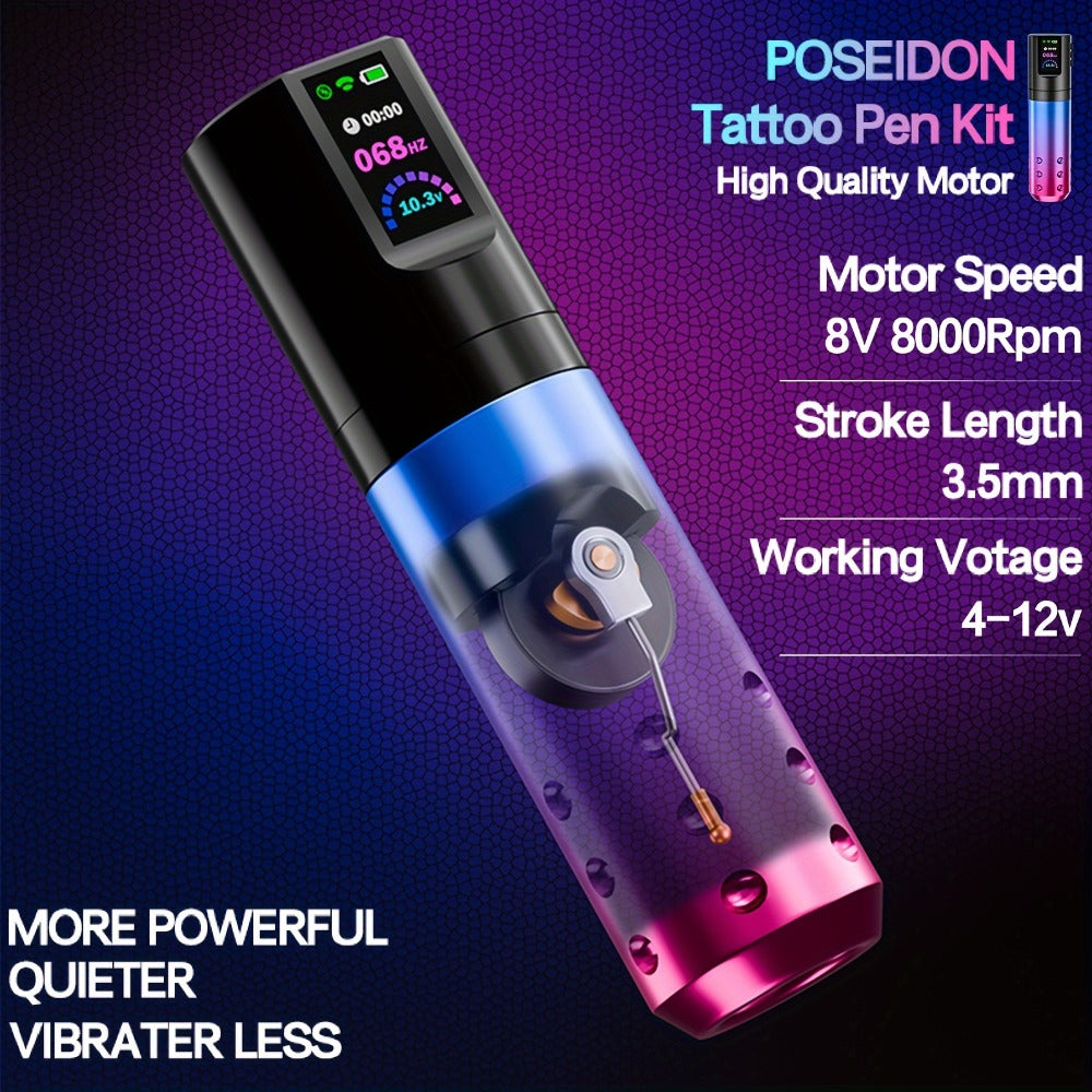 POSEIDON Tattoo Pen Kit, Wireless Rotary Tattoo Gun Kit, LED Color Screen Tattoo Machine Kit with 20pcs Tattoo Cartridge Needles, 11 Tattoo Inks for Beginners
