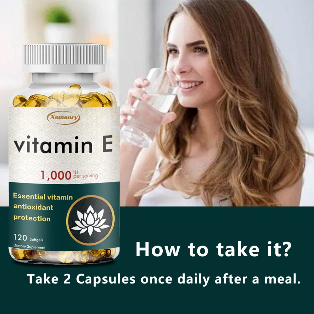 Vitamin E 1000IU - Immune Support, Promotes Hair, Skin, Nails, Eye Health, Gluten-Free Antioxidant Supplements - 120pcs