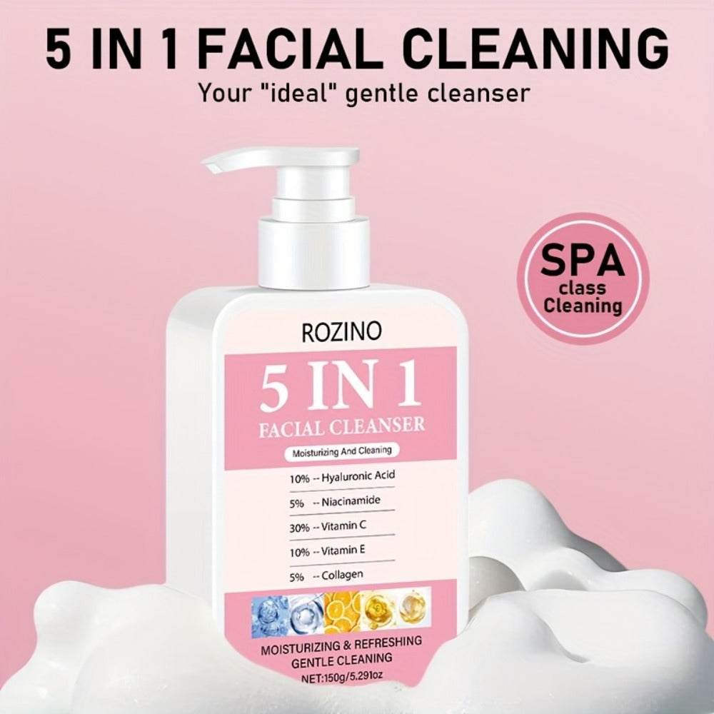 This Five-In-One Facial Cleanser Combines Hyaluronic Acid, Niacinamide, Vitamin C, Vitamin E, And Collagen to Help The Skin Bid Farewell to Dryness And Dullness, Leaving It Smooth And Delicate. Its Rich Foam Deeply Cleanses Oil And Dirt