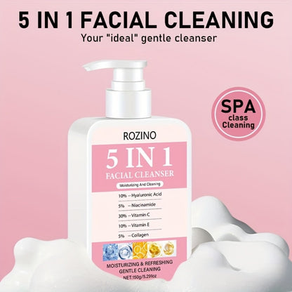 5-in-1 Facial Cleanser with Hyaluronic Acid Niacinamide Vitamin C Vitamin E & Collagen - Rich Foam Deep Cleansing Brightening Moisturizing Face Wash 150g