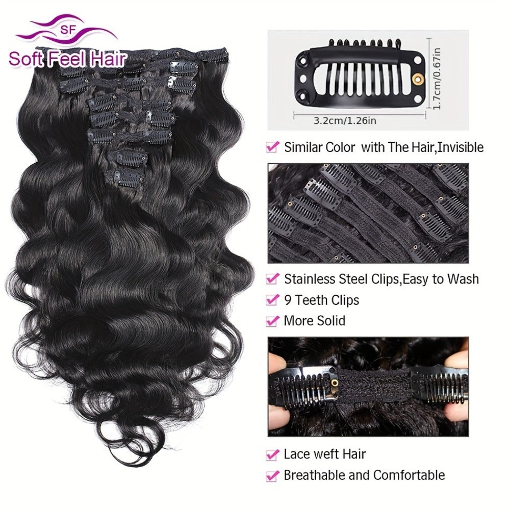 Clip In Human Hair Extensions Body Wave 8pcs 120g Full Head Real Human Hair Clip Ins Women Natural Black 1B Straight 12-26 Inch Thick Voluminous Seamless Blend