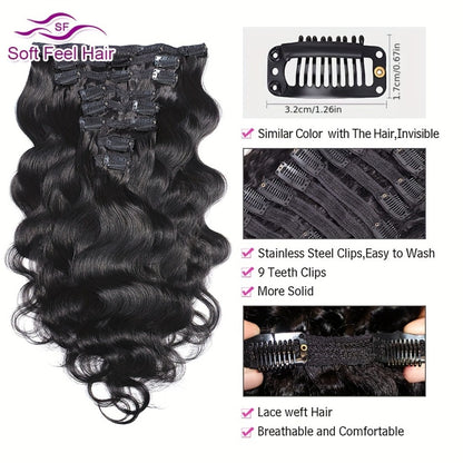 Clip In Human Hair Extensions Body Wave 8pcs 120g Full Head Real Human Hair Clip Ins Women Natural Black 1B Straight 12-26 Inch Thick Voluminous Seamless Blend